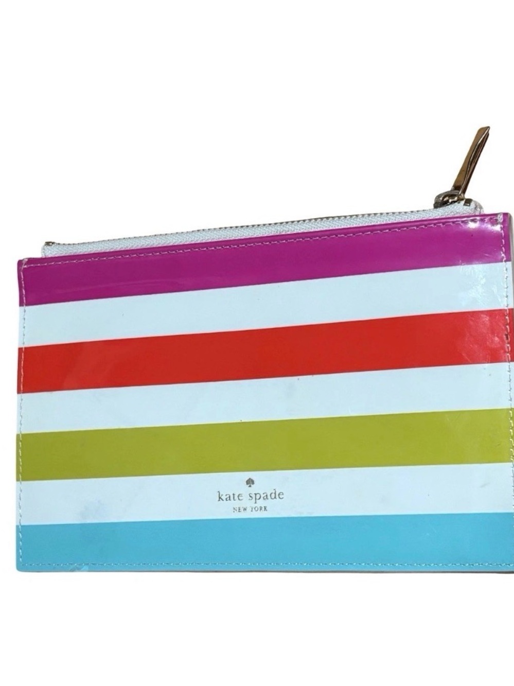KATE SPADE Candy Stripe Zip Top Pouch Clutch. White / Pink / Green
